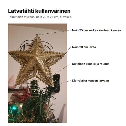 Kullanvärinen latvatähti selitettynä: noin 25 cm korkea kierteen kanssa, noin 20 cm leveä, kultainen kimalle ja pallokuvioinen reunus, kierrejalka kuusen latvaan