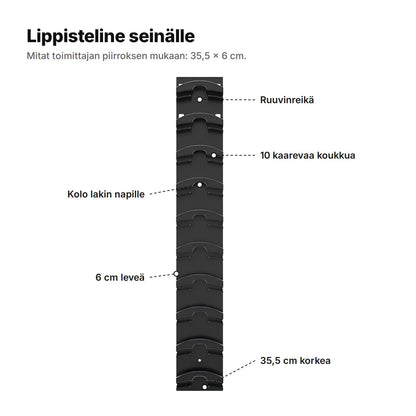 Musta lippisteline edestä: ruuvinreikä, 10 kaarevaa koukkua, kolo lakin napille, 6 cm leveä ja 35,5 cm korkea