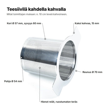 Teesiivilä selitettynä: kori Ø 57 mm ja 60 mm syvä, pohja Ø 54 mm, reunus Ø 70 mm, kaksi 15 mm:n kahvaa, hienoreikäistä ruostumatonta terästä