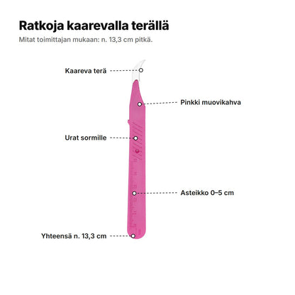 Ratkoja selitettynä: kaareva terä, pinkki muovikahva, urat sormille, asteikko 0–5 cm ja pituus noin 13,3 cm