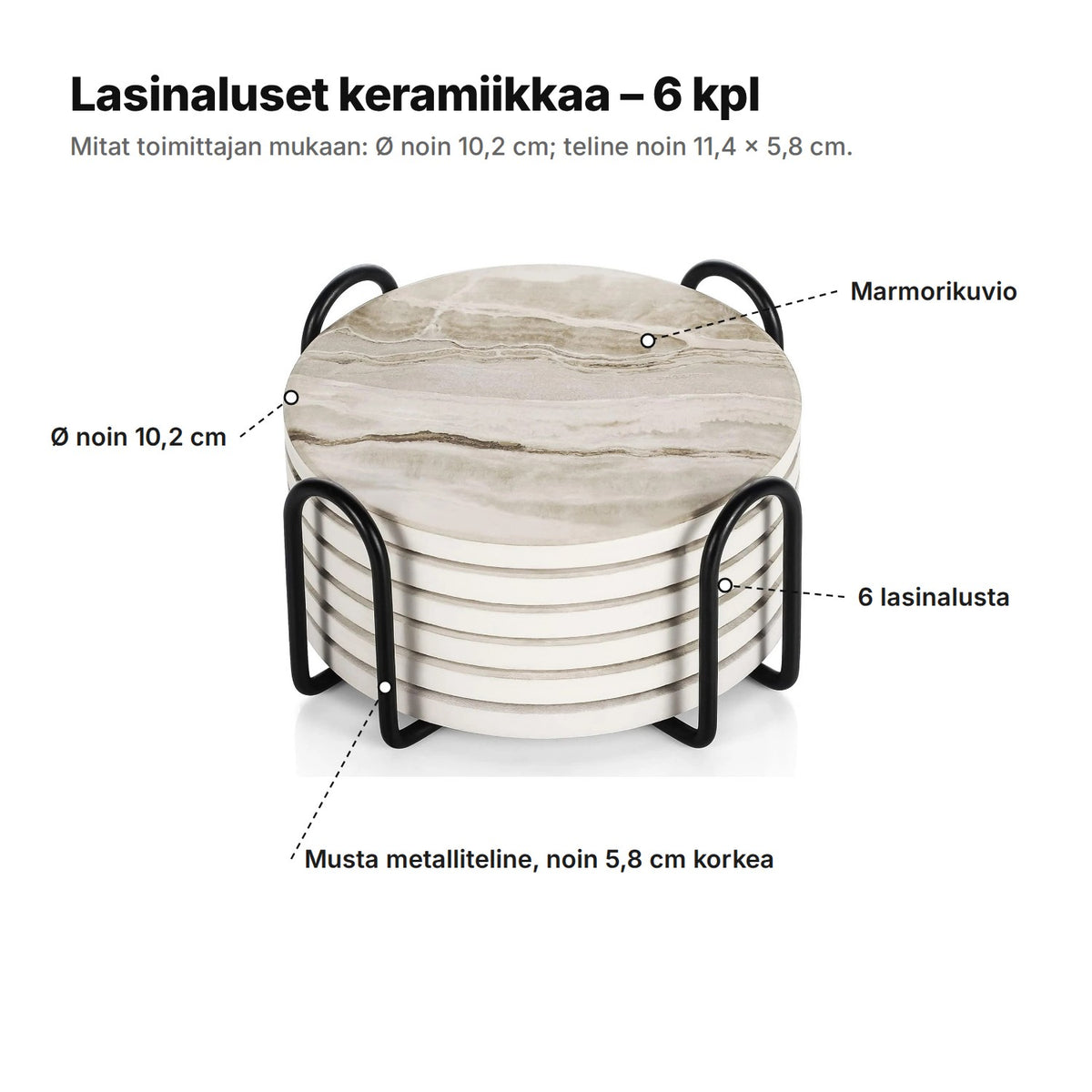 Lasinaluset selitettynä: marmorikuvio, Ø noin 10,2 cm, 6 lasinalusta ja musta metalliteline, noin 5,8 cm korkea