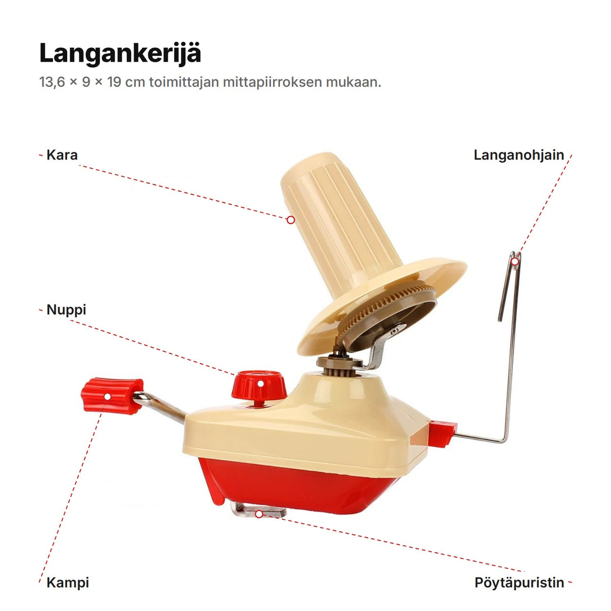 Langankerijän osat: kara, langanohjain, nuppi, kampi ja pöytäpuristin, 13,6 × 9 × 19 cm