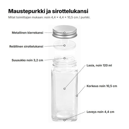 Maustepurkki selitettynä: metallinen kierrekansi, reiällinen sirottelukansi, suuaukko noin 3,2 cm, lasia noin 120 ml, korkeus noin 10,5 cm ja leveys noin 4,4 cm