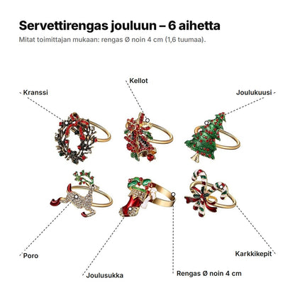 Servettirenkaat selitettynä: kranssi, kellot, joulukuusi, poro, joulusukka ja karkkikepit kullanvärisissä renkaissa, Ø noin 4 cm