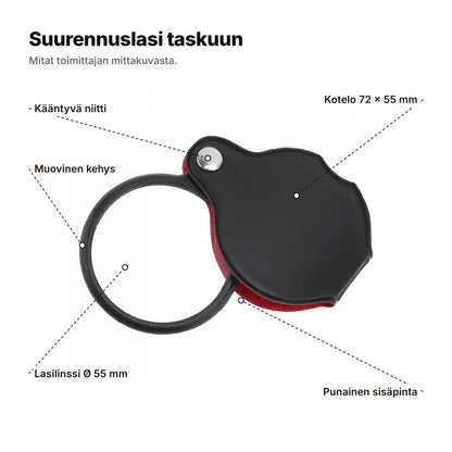 Taskusuurennuslasi selitettynä: lasilinssi Ø 55 mm, muovinen kehys, kääntyvä niitti, kotelo 72 × 55 mm ja punainen sisäpinta