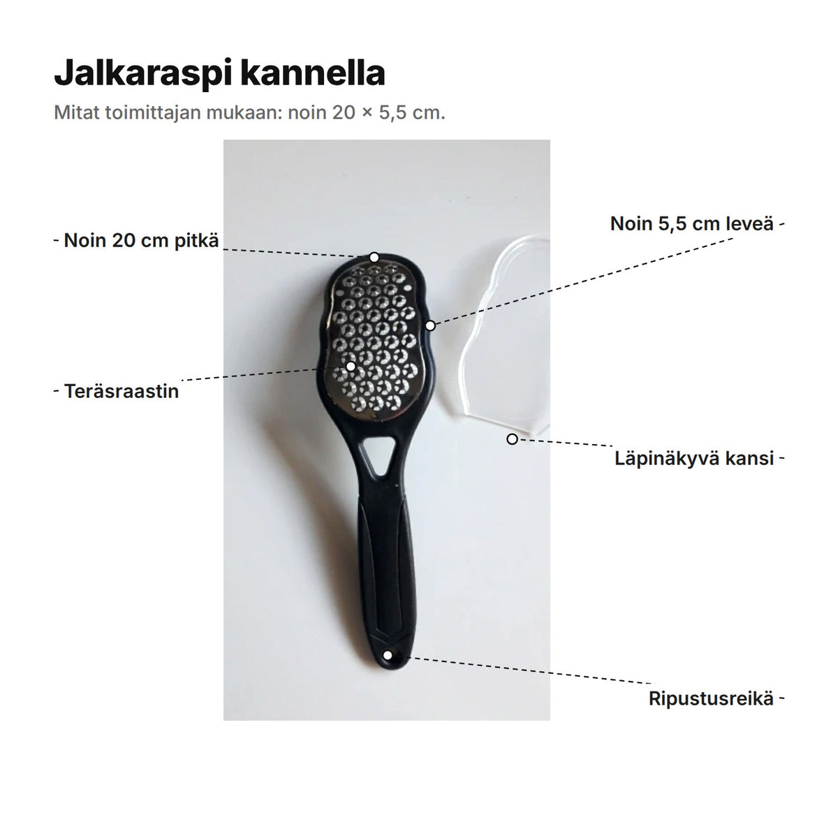 Jalkaraspi kannella selitettynä: noin 20 cm pitkä, raastinosa noin 5,5 cm leveä, teräsraastin, läpinäkyvä kansi ja ripustusreikä