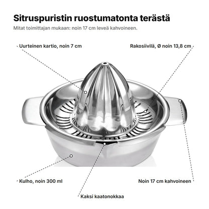 Sitruspuristin selitettynä: uurteinen kartio noin 7 cm, rakosiivilä Ø noin 13,8 cm, noin 300 ml:n kulho, kaksi kaatonokkaa, noin 17 cm kahvoineen