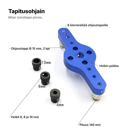 Sininen tapitusohjain merkinnöin: 6 kierrereikää ohjaustapeille, ohjaustappi Ø 15 mm, holkin paikka, holkit 6, 8 ja 10 mm, pituus 140 mm