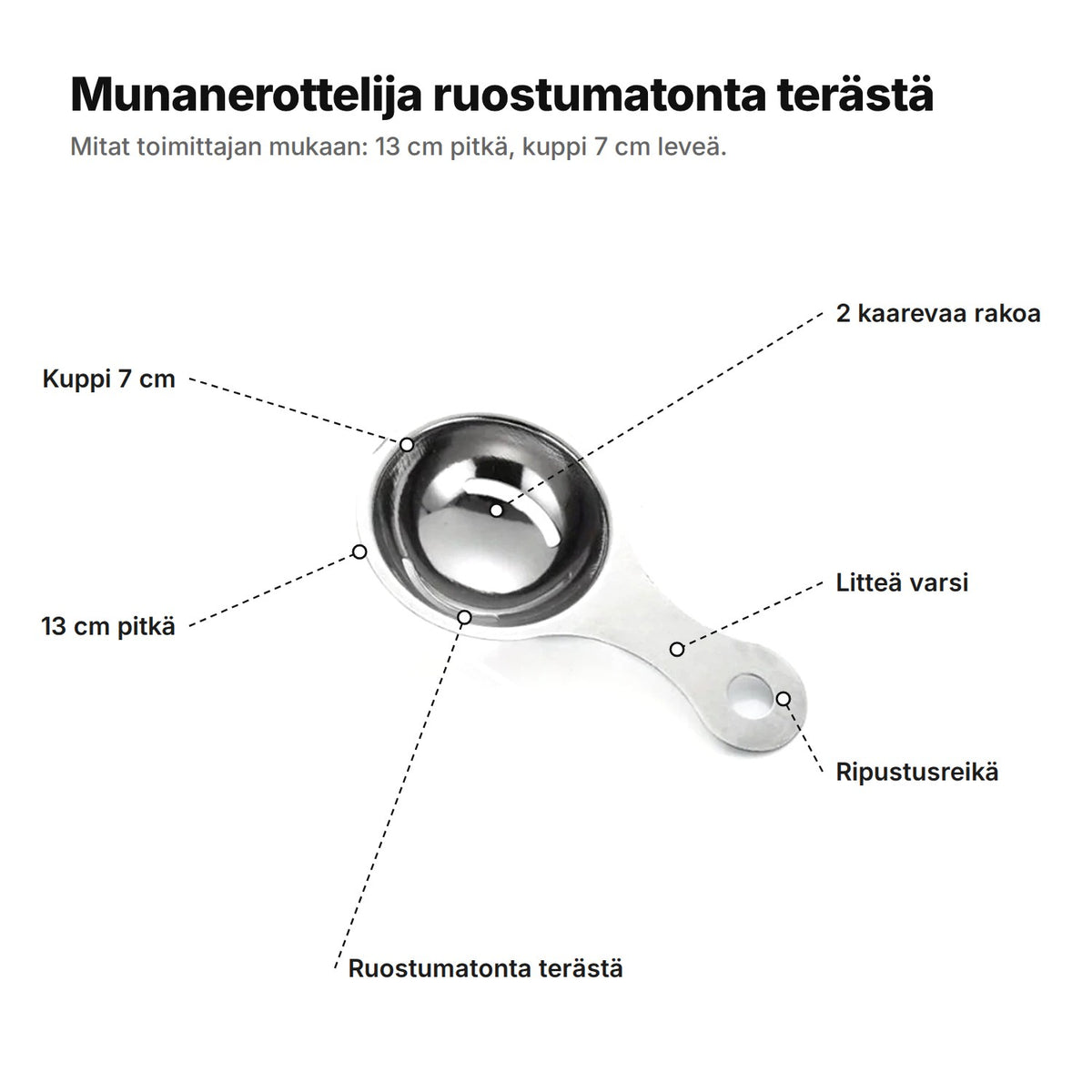 Munanerottelija selitettynä: kuppi 7 cm ja 2 kaarevaa rakoa, litteä varsi ja ripustusreikä, ruostumatonta terästä, 13 cm pitkä