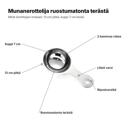 Munanerottelija selitettynä: kuppi 7 cm ja 2 kaarevaa rakoa, litteä varsi ja ripustusreikä, ruostumatonta terästä, 13 cm pitkä