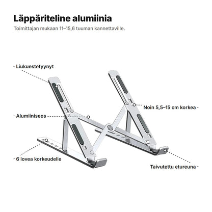 Läppäriteline alumiinia selitettynä: liukuestetyynyt, alumiiniseos, 6 lovea korkeudelle, noin 5,5–15 cm korkea, taivutettu etureuna