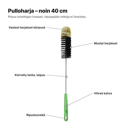 Pulloharja selitettynä: noin 40 cm, kärjessä vaaleat harjakset, mustat harjakset, taipuva kierretty lanka, vihreä kahva ja ripustusreikä
