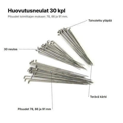 Huovutusneulat selitettynä: taivutettu yläpää, terävä kärki, 30 neulaa, pituudet 78, 86 ja 91 mm
