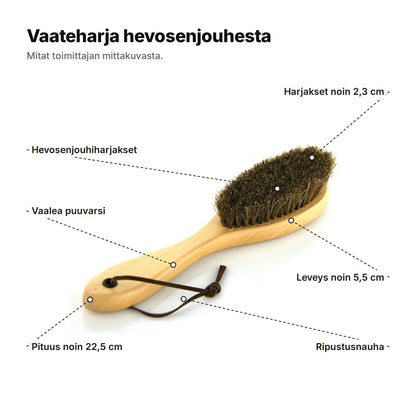 Vaateharja hevosenjouhesta selitettynä: hevosenjouhiharjakset, harjakset noin 2,3 cm, vaalea puuvarsi, leveys noin 5,5 cm, pituus noin 22,5 cm, ripustusnauha
