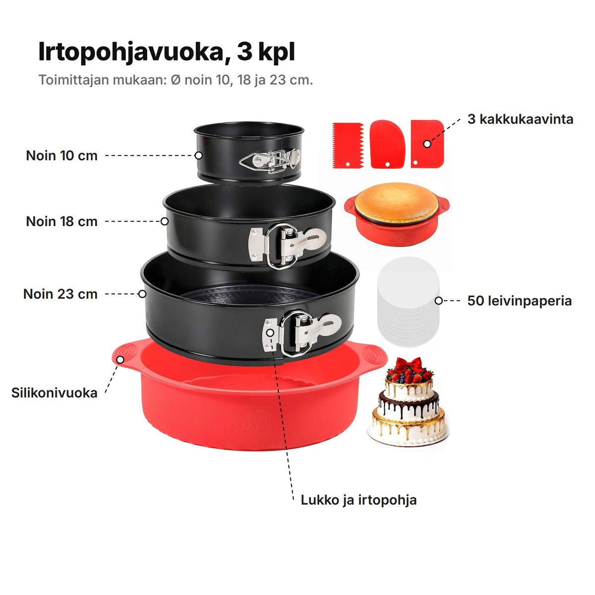 Irtopohjavuoat selitettynä: noin 10, 18 ja 23 cm, silikonivuoka, 3 kakkukaavinta, 50 leivinpaperia, lukko ja irtopohja