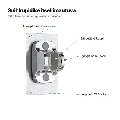 Suihkupidike selitettynä: säädettävä kuppi, syvyys noin 5,5 cm, liimalevy noin 12,5 × 8 cm ilman porausta