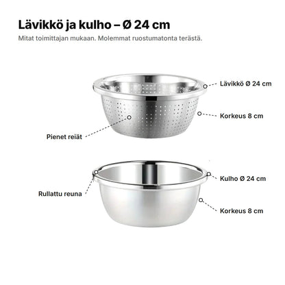 Lävikkö ja kulho selitettynä: lävikkö Ø 24 cm ja 8 cm korkea pienillä rei'illä, kulho Ø 24 cm ja 8 cm korkea rullatulla reunalla