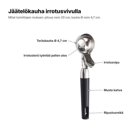 Jäätelökauha selitettynä: teräskauha Ø 4,7 cm, irrotusterä, irrotusvipu, musta kahva ja ripustusreikä