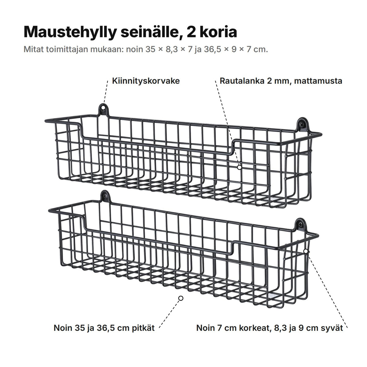 Maustehylly selitettynä: kaksi koria mattamustaa rautalankaa, 2 mm, kiinnityskorvakkeet ruuveille, noin 35 ja 36,5 cm pitkät, 8,3 ja 9 cm syvät ja 7 cm korkeat