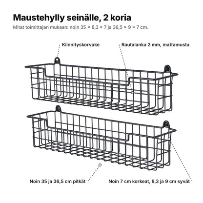 Maustehylly selitettynä: kaksi koria mattamustaa rautalankaa, 2 mm, kiinnityskorvakkeet ruuveille, noin 35 ja 36,5 cm pitkät, 8,3 ja 9 cm syvät ja 7 cm korkeat