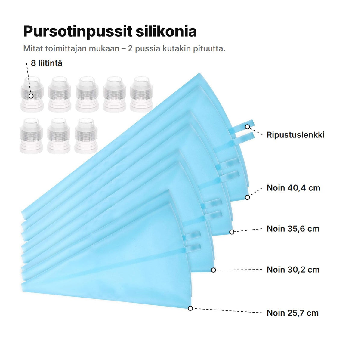 Pursotinpussit selitettyinä: 8 liitintä, ripustuslenkki ja pussit noin 40,4, 35,6, 30,2 ja 25,7 cm