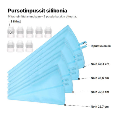 Pursotinpussit selitettyinä: 8 liitintä, ripustuslenkki ja pussit noin 40,4, 35,6, 30,2 ja 25,7 cm