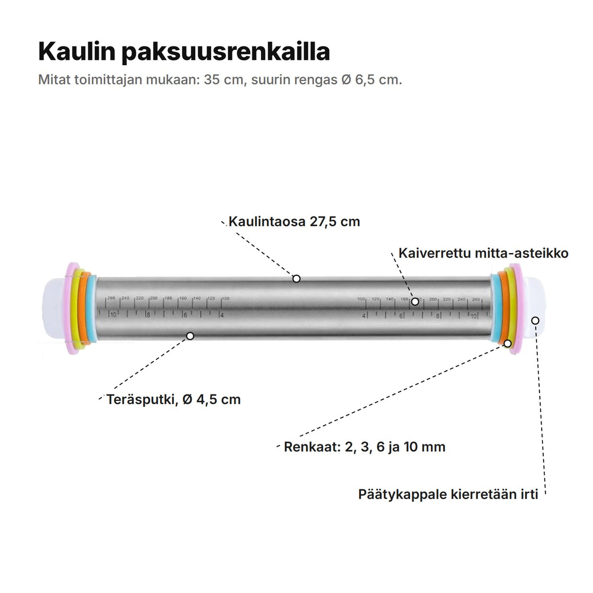 Kaulin selitettynä: kaulintaosa 27,5 cm, teräsputki Ø 4,5 cm, kaiverrettu mitta-asteikko, renkaat 2, 3, 6 ja 10 mm ja valkoinen päätykappale, joka kierretään irti