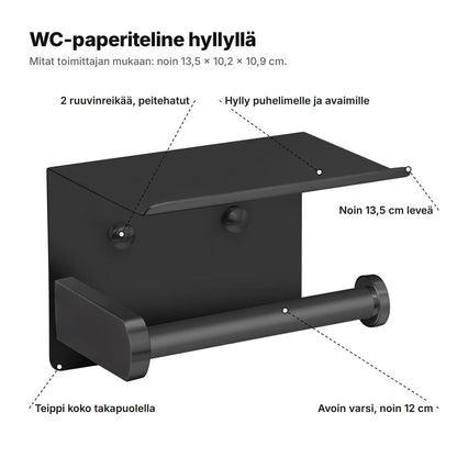 WC-paperiteline selitettynä: hylly puhelimelle ja avaimille, kaksi ruuvinreikää peitehatuilla, teippi koko takapuolella, avoin varsi noin 12 cm, noin 13,5 cm leveä