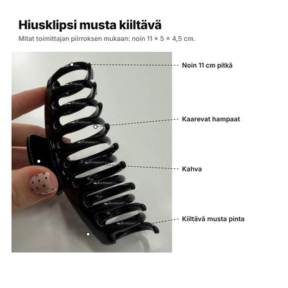 Hiusklipsi musta kiiltävä selitettynä: noin 11 cm pitkä, kaarevat hampaat, kahva ja kiiltävä musta pinta
