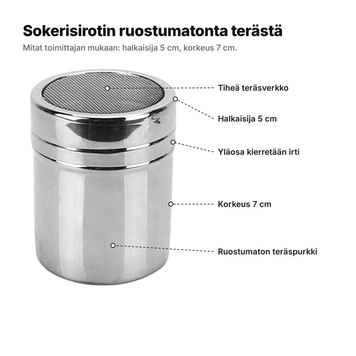 Sokerisirotin selitettynä: tiheä teräsverkko, halkaisija 5 cm, yläosa kierretään irti, korkeus 7 cm, ruostumaton teräspurkki