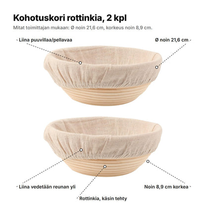 Kohotuskori selitettynä: liina puuvillaa/pellavaa, Ø noin 21,6 cm, liina vedetään reunan yli, noin 8,9 cm korkea, käsin tehty rottinki