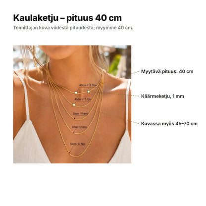 Kaulaketju selitettynä: toimittajan kuva viidestä pituudesta 40–70 cm; myymme 40 cm:n käärmeketjun, leveys 1 mm