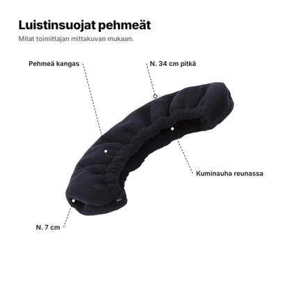 Pehmeä luistinsuoja selitettynä: noin 34 cm pitkä, 7 cm kärjen kohdalta, pehmeä kangas ja kuminauha reunassa