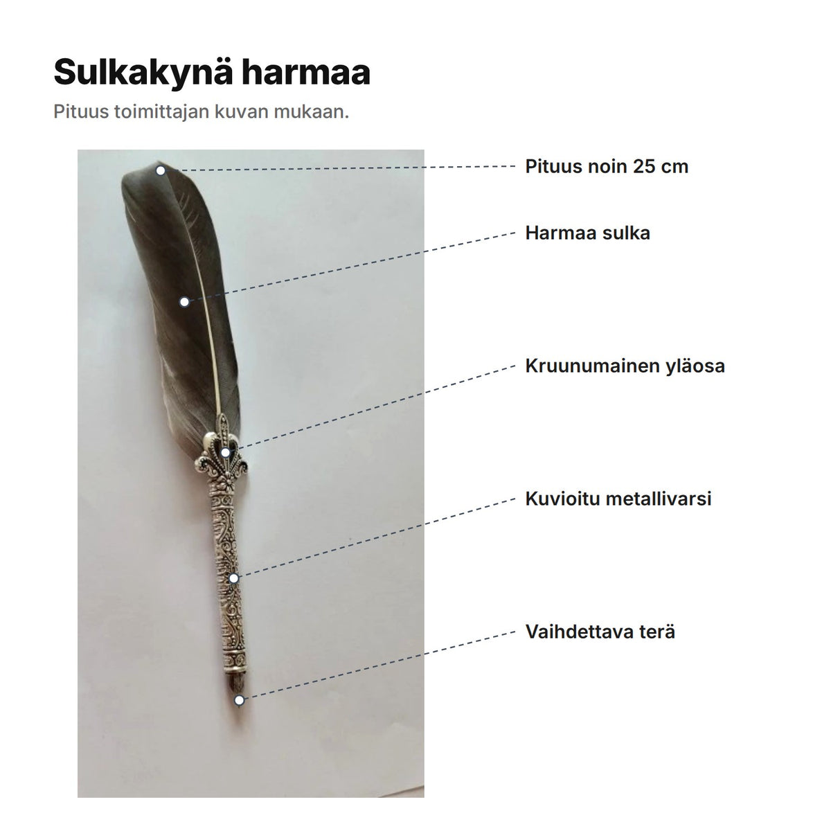 Sulkakynä harmaa selitettynä: harmaa sulka, kruunumainen yläosa, kuvioitu metallivarsi, vaihdettava terä, pituus noin 25 cm
