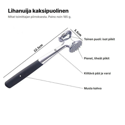 Lihanuija kaksipuolinen selitettynä: pienet tiheät piikit, isot piikit toisella puolella, kiiltävä pää ja varsi ja musta kahva