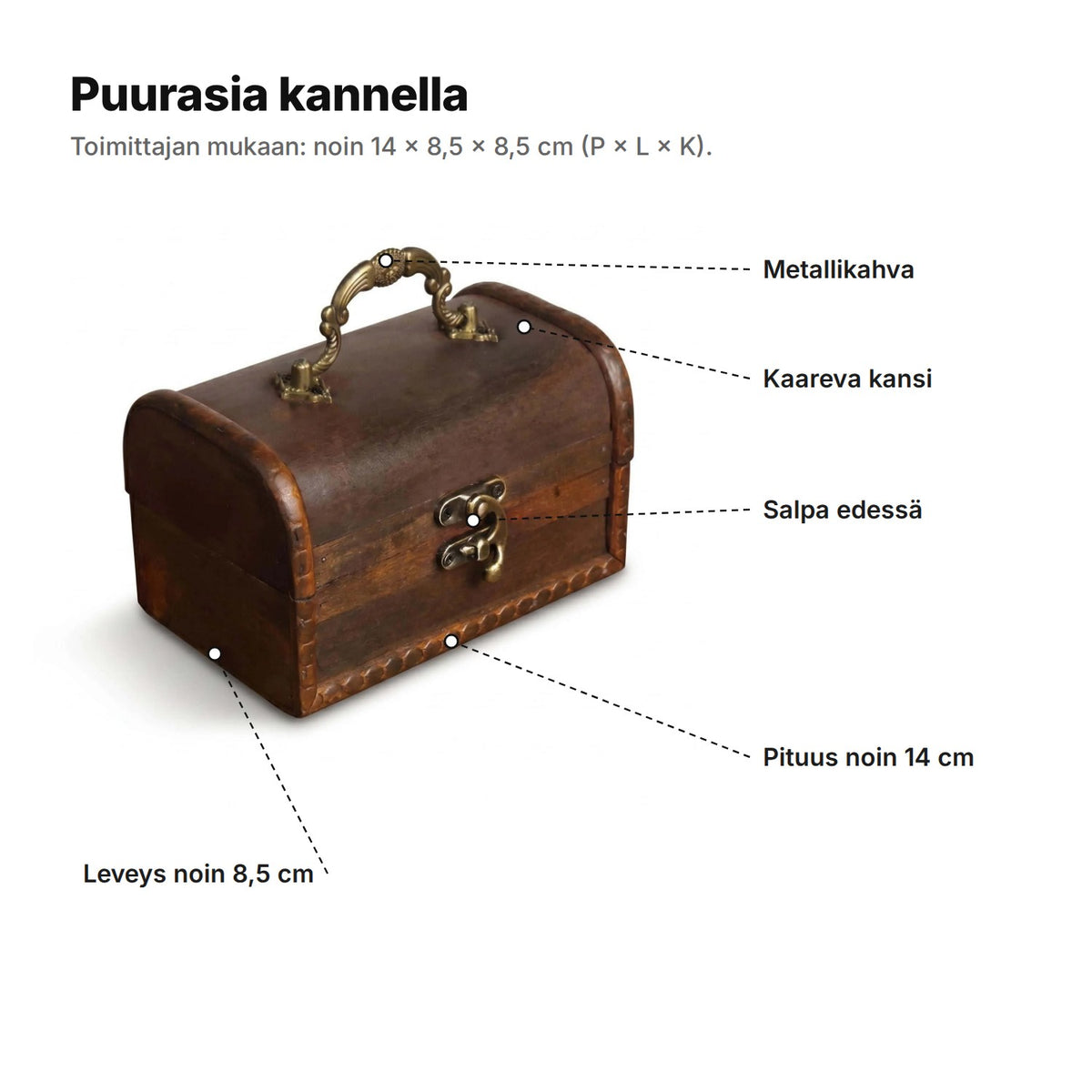 Puurasia kannella selitettynä: metallikahva, kaareva kansi, salpa edessä, pituus noin 14 cm ja leveys noin 8,5 cm