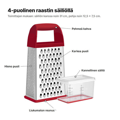 Raastin selitettynä: pehmeä kahva, karkea puoli, hieno puoli, kannellinen säiliö ja liukumaton reunus; noin 31 cm korkea säiliön kanssa ja pohjasta 12,5 × 7,5 cm