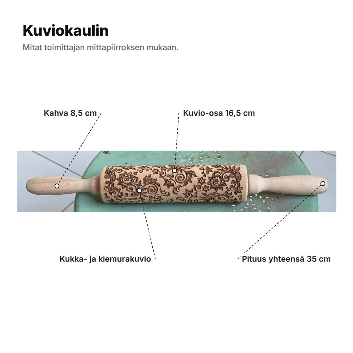 Kuviokaulin selitettynä: kahva 8,5 cm, kuvio-osa 16,5 cm, kukka- ja kiemurakuvio, pituus yhteensä 35 cm