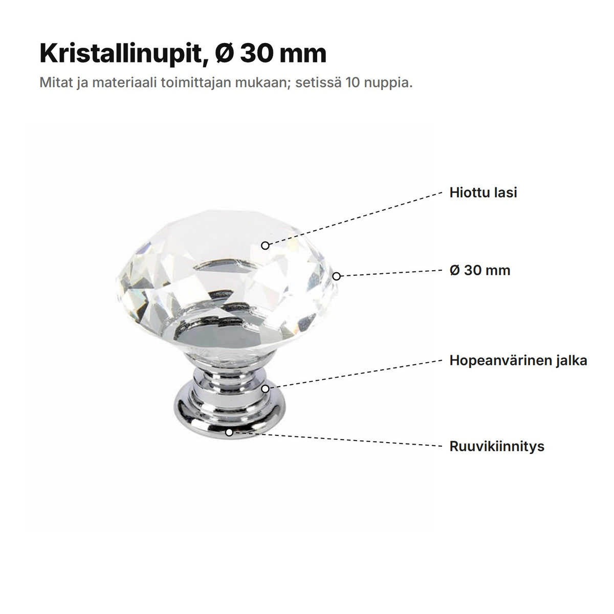 Kristallinuppi selitettynä: hiottu lasi, halkaisija 30 mm, hopeanvärinen jalka ja ruuvikiinnitys