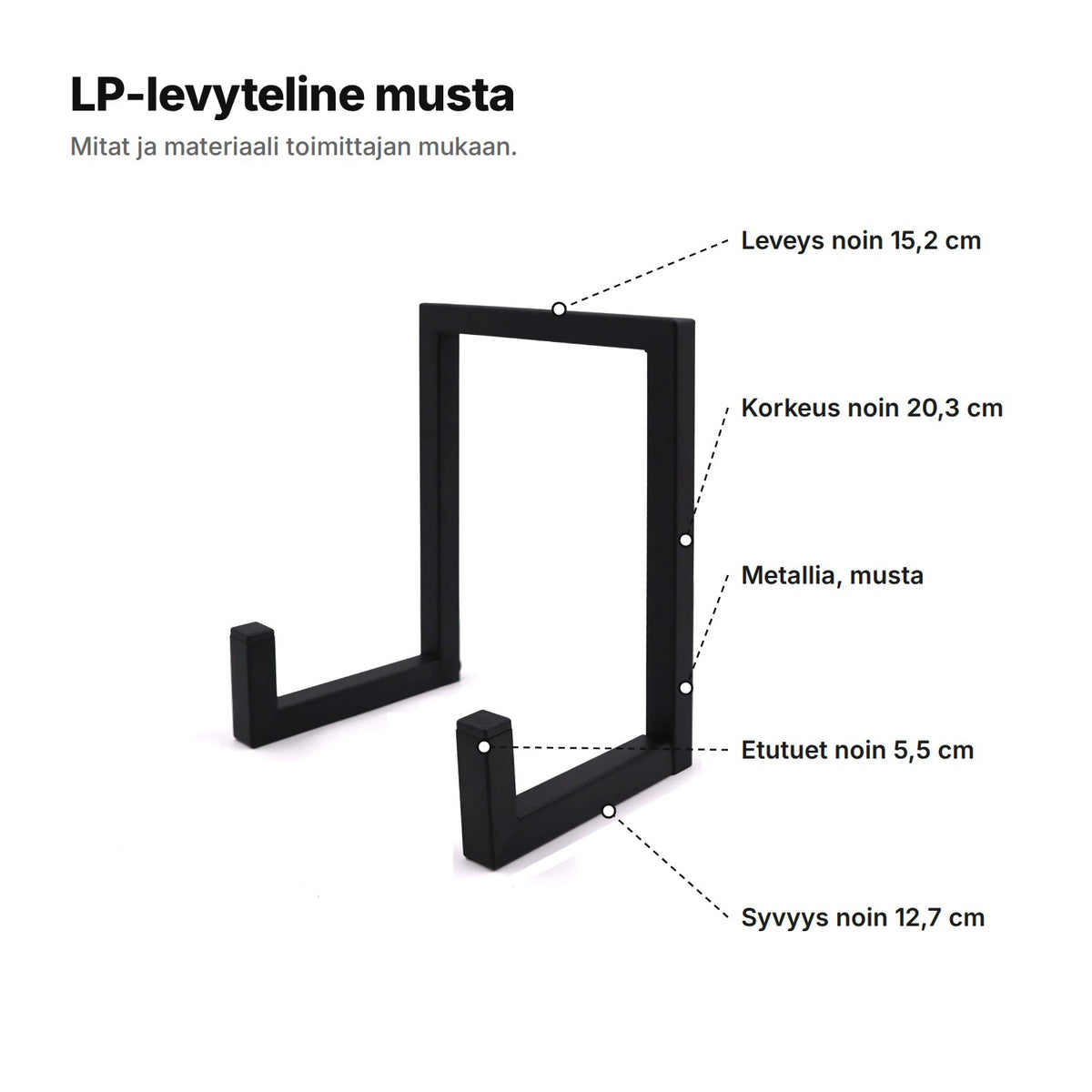 LP-levyteline musta selitettynä: leveys noin 15,2 cm, korkeus noin 20,3 cm, syvyys noin 12,7 cm, etutuet noin 5,5 cm, metallia