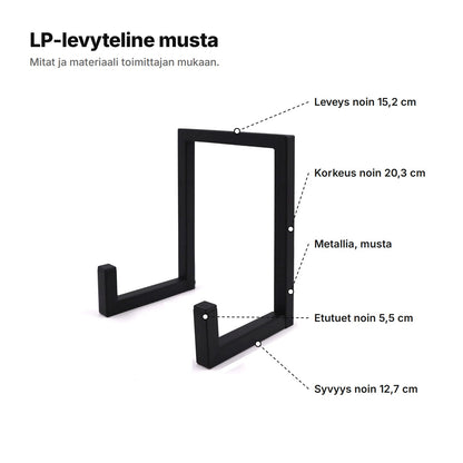 LP-levyteline musta selitettynä: leveys noin 15,2 cm, korkeus noin 20,3 cm, syvyys noin 12,7 cm, etutuet noin 5,5 cm, metallia
