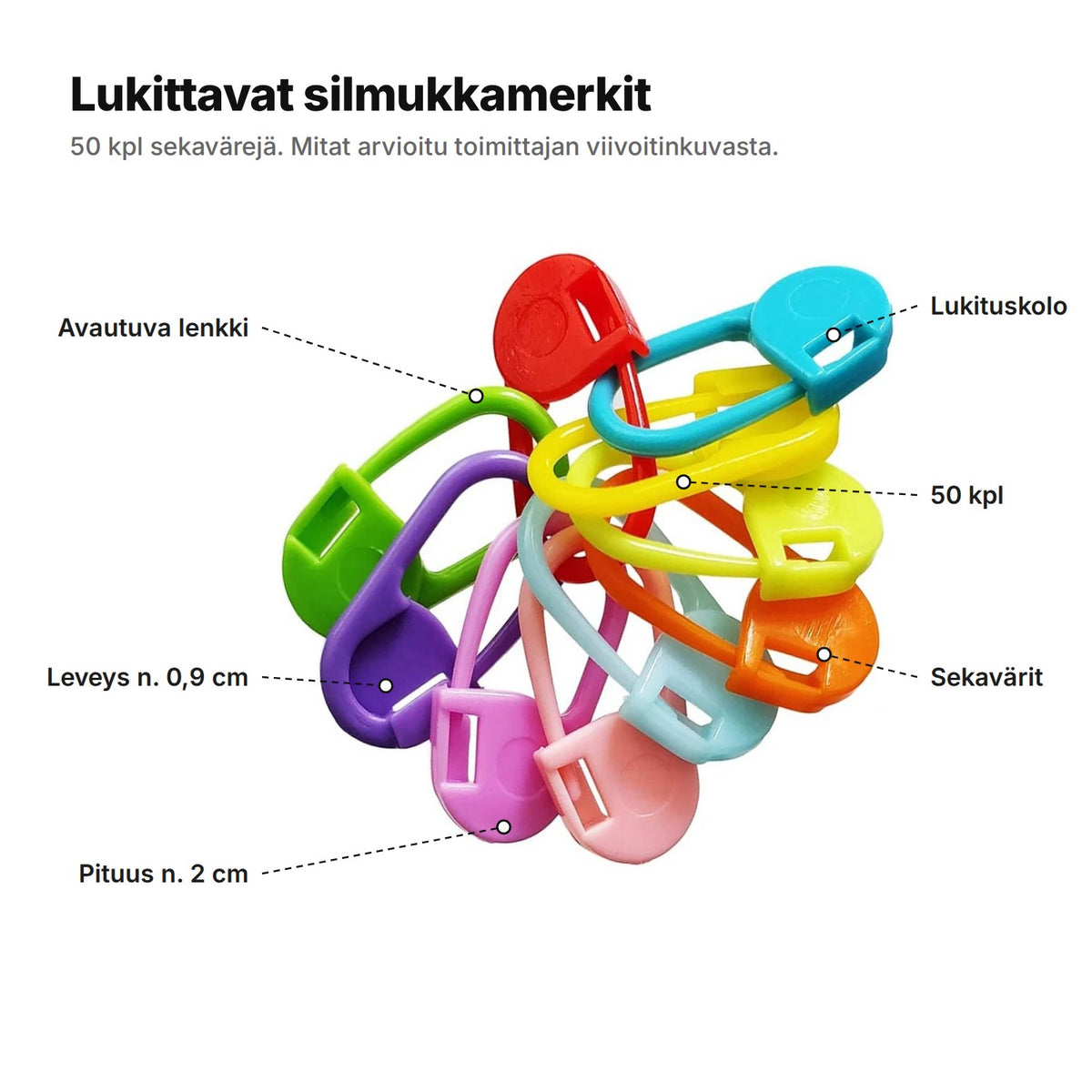 Silmukkamerkit selitettynä: avautuva lenkki, lukituskolo, leveys noin 0,9 cm, pituus noin 2 cm, 50 kpl sekavärejä
