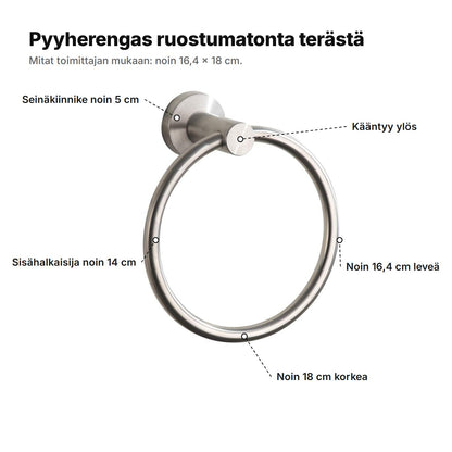 Pyyherengas selitettynä: seinäkiinnike noin 5 cm, kääntyy ylös, noin 16,4 cm leveä, noin 18 cm korkea ja sisähalkaisija noin 14 cm