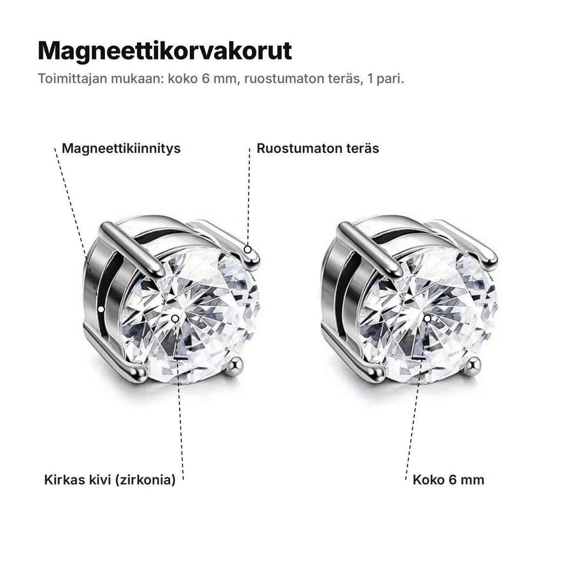 Magneettikorvakorut selitettynä: kirkas kivi, ruostumaton teräs, koko 6 mm ja magneettikiinnitys