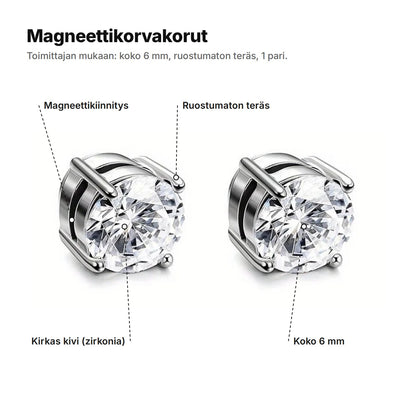 Magneettikorvakorut selitettynä: kirkas kivi, ruostumaton teräs, koko 6 mm ja magneettikiinnitys
