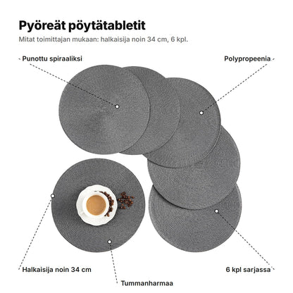 Pöytätabletit selitettynä: punottu spiraaliksi, polypropeenia, halkaisija noin 34 cm, 6 kpl sarjassa, tummanharmaa