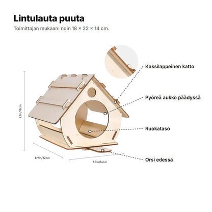 Lintulauta puuta selitettynä: kaksilappeinen katto, pyöreä aukko päädyssä, ruokataso ja orsi edessä, noin 18 × 22 × 14 cm