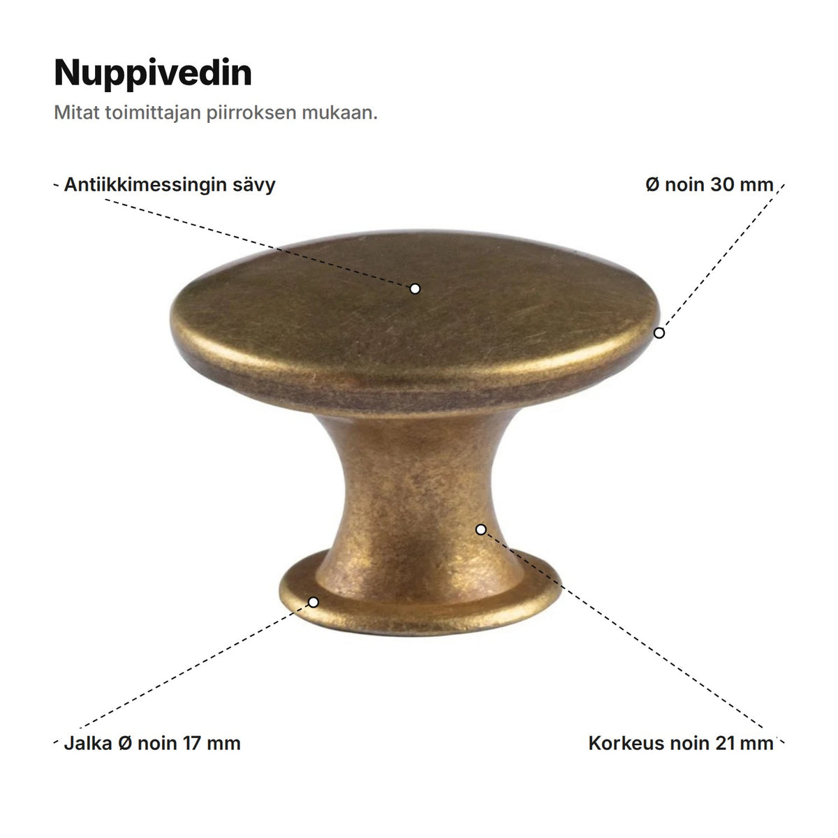 Nuppivedin selitettynä: antiikkimessingin sävy, Ø noin 30 mm, korkeus noin 21 mm, jalka Ø noin 17 mm
