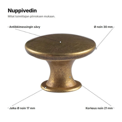 Nuppivedin selitettynä: antiikkimessingin sävy, Ø noin 30 mm, korkeus noin 21 mm, jalka Ø noin 17 mm