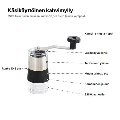 Kahvimylly selitettynä: kampi ja musta nuppi, läpinäkyvä kansi, teräksinen yläosa, musta uritettu ote, keraaminen jauhin, säiliö jauheelle ja 10,5 cm korkea runko